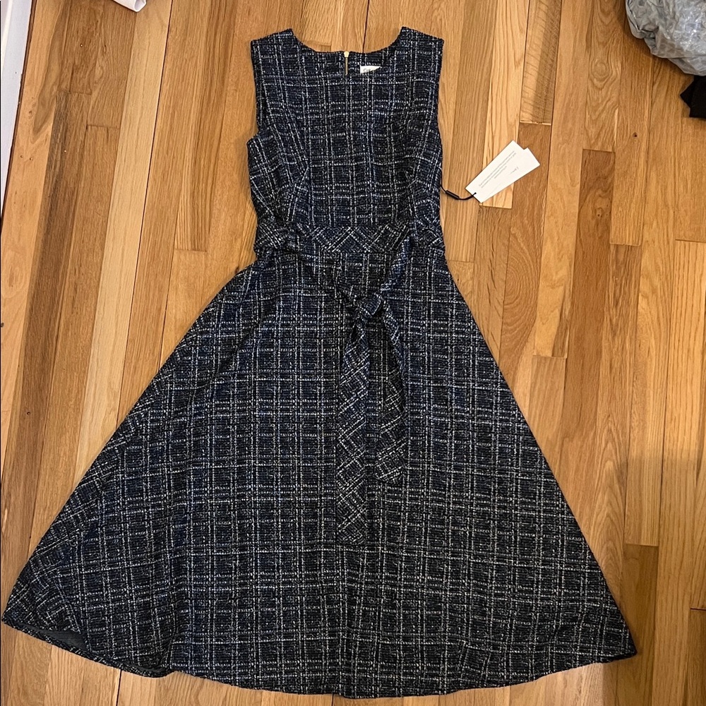 NWT Calvin Klein Navy and White Checkered Midi Dress